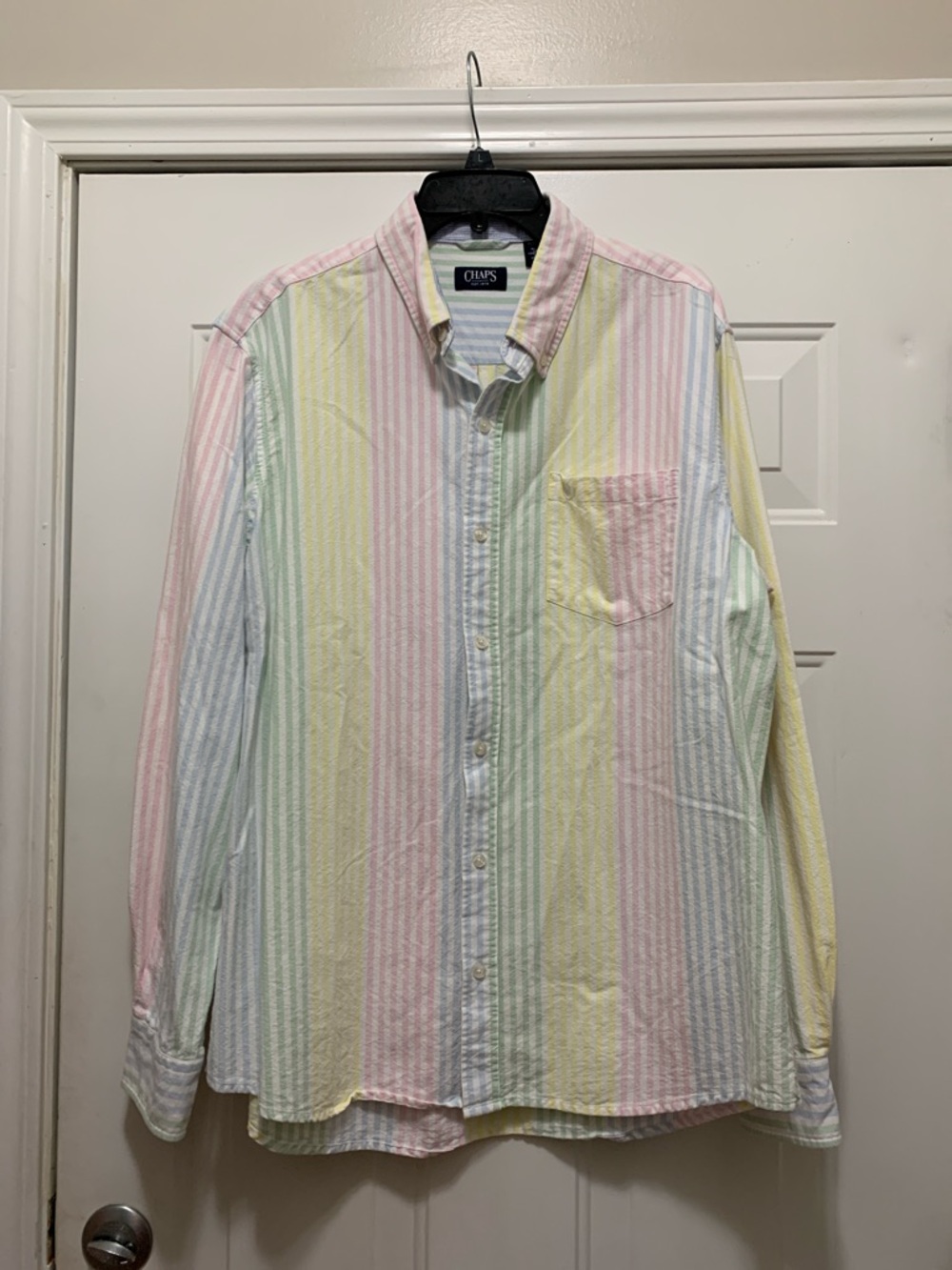 3/$15 Chaps 100% Cotton Pastel Stripe Button-Down Shirt in Pink, Yellow Size XL